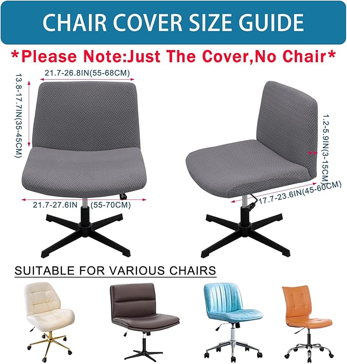 Vanity Chair Cover Criss Cross Chair Cover Elastic Armless Chair Slipcover Armless Chair Covers Office Chair Covers (Grey,Just The Cover,No Chair)