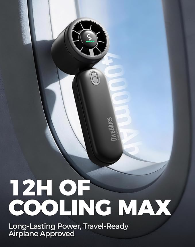 Diveblues Handheld Fan, 30ft/s Mini Portable Turbo Fan [12H Max Cooling], 4000mAh Personal Fan with LED Display, 3-in-1 Hand Held/Neck/Desk Fan for Travel, Cruise, Disney Essentials