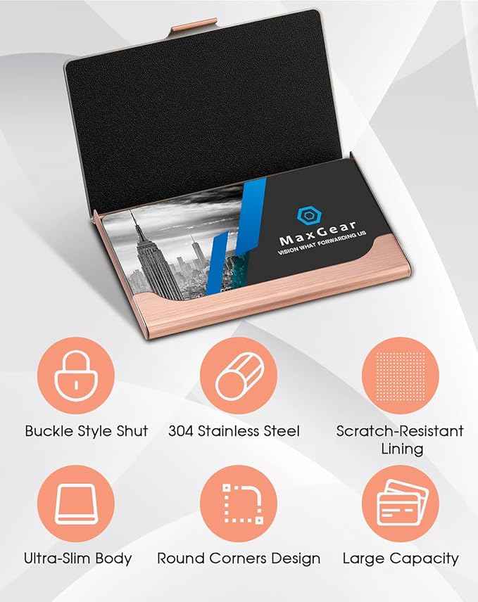 MaxGear Metal Business Card Holder for Men & Women, Stainless Steel Business Card Case Holds 10–20 Cards, Slim Pocket Name Cards Holder with Interior Lining & Buckle Closure, Rose Gold