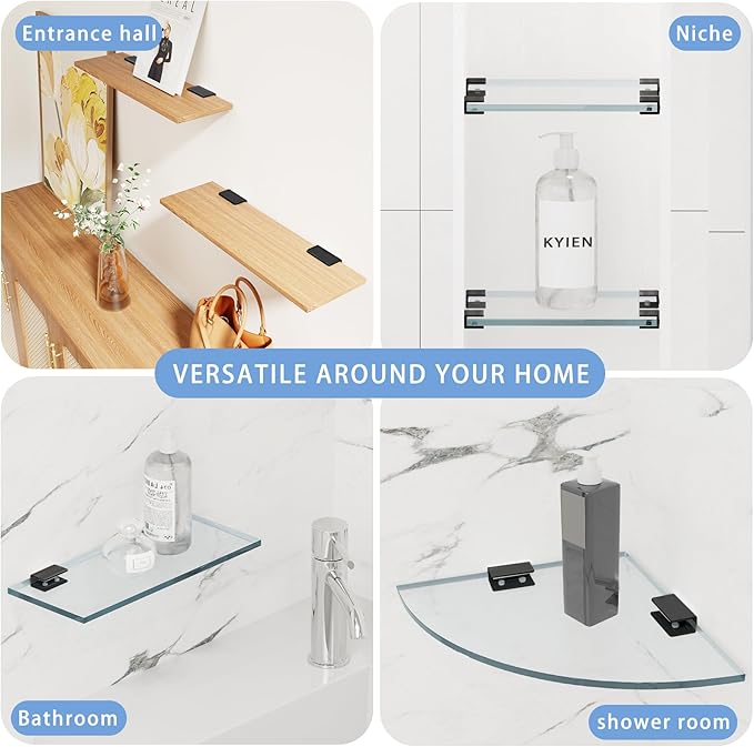 2Pcs 304 Stainless Steel Glass Shelf Clip Clamp Bracket Support Matte Black Adjustable Glass Clip Shelf Brackets Holder Support 0.3" to 0.5"/ 8 to 12mm Thick