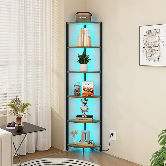 6-Tier Corner Shelf with LED Lights - 65" Tall Narrow Bookshelf, Standing Shelf with Storage Rack, Sturdy Metal Frame & Waterproof Shelves, Rustic Brown, for Living Room/Bedroom/Bathroom
