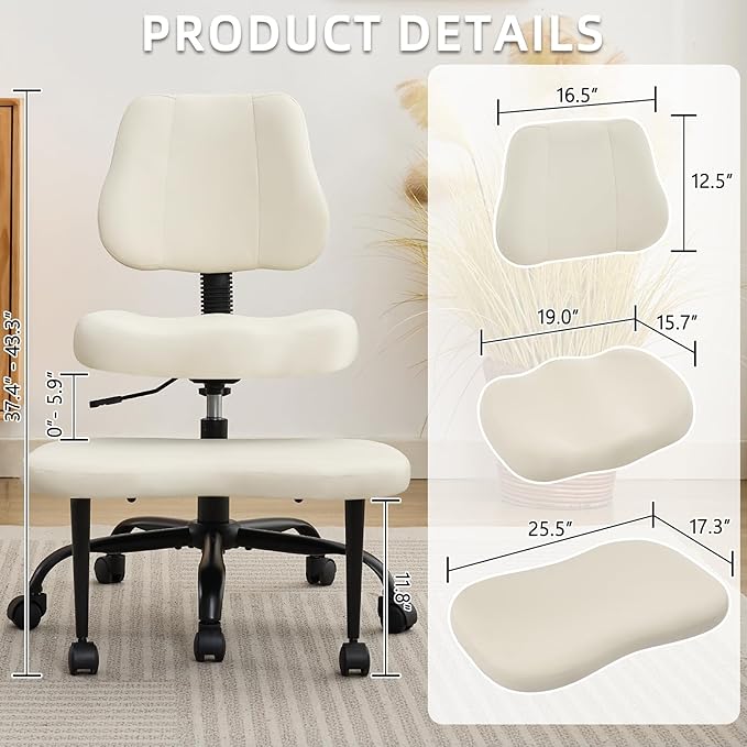 Criss Cross Legged Meditaion Chair,Exquisite Home Office Furniture,Ergonomic Kneeling with Lumbar Support and Adjustable Height Stool,for ADHD Adults,Teddy Fabric (White, Faux Leather)