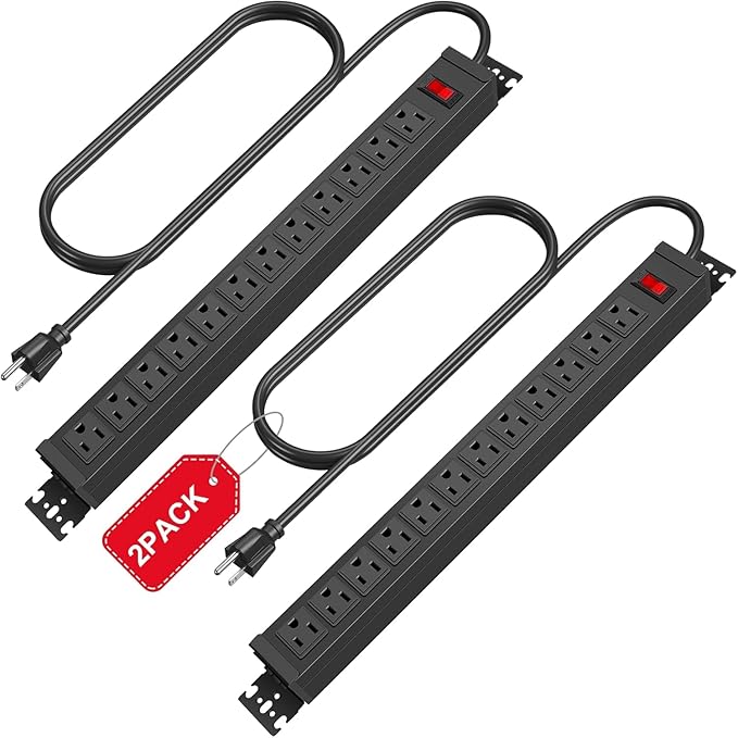 HHSOET 2Pack Rotating Mountable Power Strip, 12 Outlet Wall Mount Surge Protector,1200J, Metal Heavy Duty and Versatile Outlet Strip, Stylish Appearance, Sturdy and Durable. (2 Pack, 15FT)