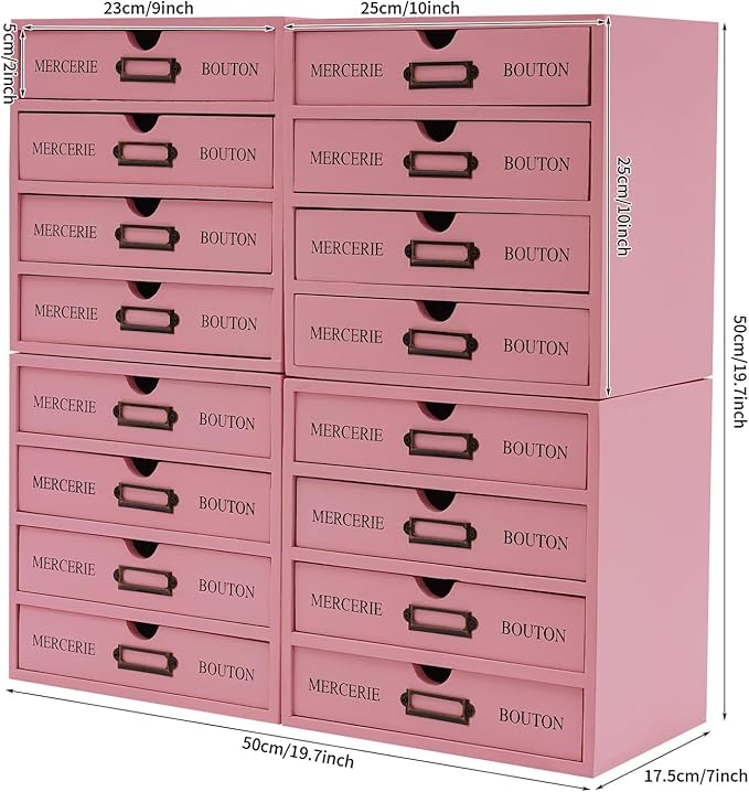 Vintage Drawer Wooden Drawers Organizer, 16-Drawer Desktop Storage Box Pine Wood Desktop Organizer with Label Holders, Desk Drawer Unit Collectors Box for Office, Home (Pink)