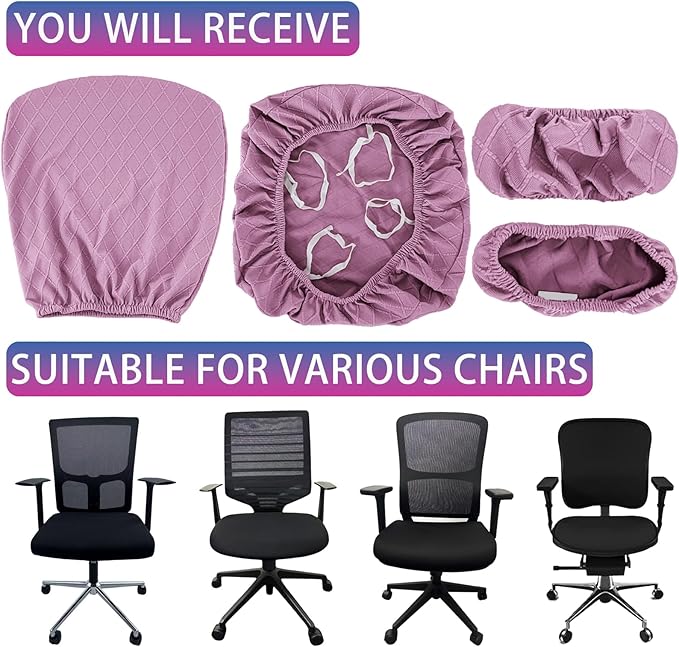 4 Pcs Office Chair Cover Set with 4 Extra Elastic Straps Universal Protective Office Chair Covers Stretchable Desk Chair Cover Office Armrest Cushion Backrest for Rotating Chair (Purple)