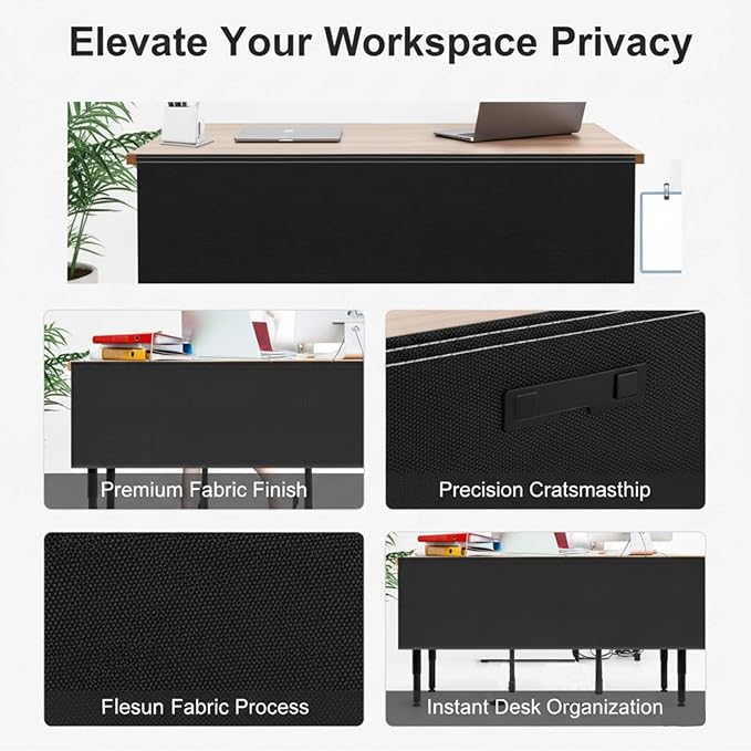 2Pcs 60 Inch Under Desk Privacy Panel, Self-Adhesive Desk Back Panel with Cable Management Pocket for Cord Organizer, Black Oxford Fabric Modesty Panels for Home Office Workstation