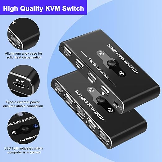 KVM Switch for 1 Monitor 2 Computers, 4K@60Hz HDMI KVM Switcher, HDMI USB Hub Switches for PC/Mac Pro/Laptop, Plug and Play, Share Keyboard Mouse Printer, with 2 USB Cables and 2 HDMI Cables