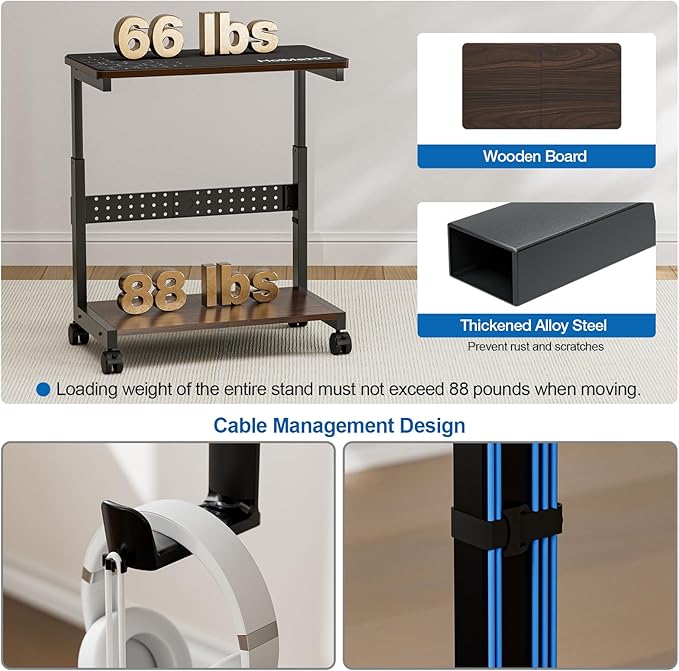 Height Adjustable Computer Tower Stand, 2-Tier ATX-Case CPU Holder with Mouse Pad & Headphone Stand, Mobile PC Standing Under Desk, Home Office Gaming Accessories, Computer Cart, Walnut
