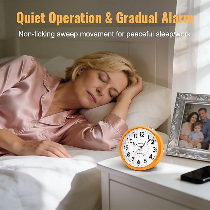 Lamisola Small Desk Clock, Battery Operated Travel Clock, Bright Analog Alarm Clock for Bedroom Home Office Bathroom Kitchen, Silent Large Display- Orange