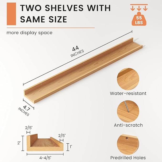 FLYJOE Picture Ledge Shelf, Floating Shelves Set of 2, 44 Inches Nursery Book Shelves for Toys Storage, Kids Bookshelf Wall Mounted for Living Room Bedroom Decor Books Photo Frames, Natural Oak