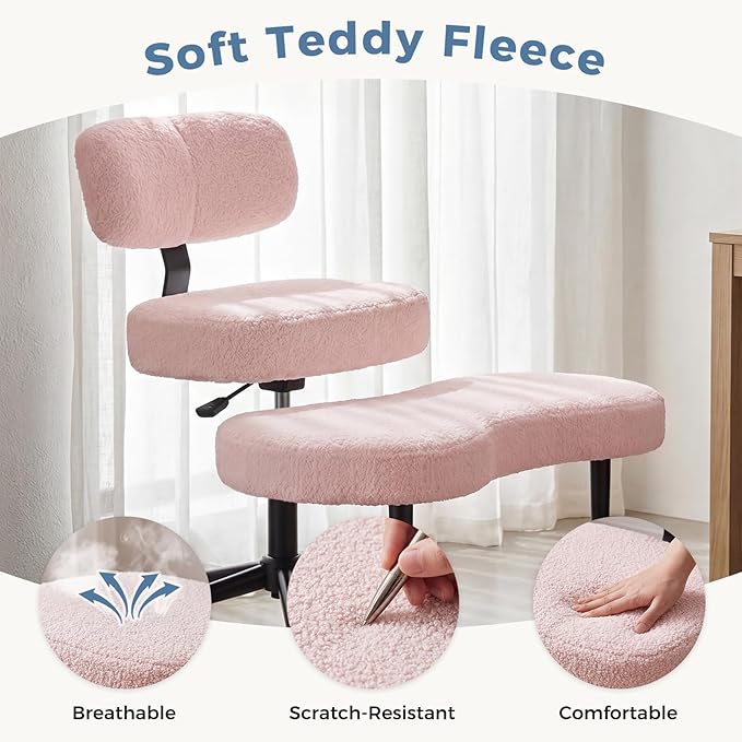 DUMOS Ergonomic ADHD Cross Legged Office Desk Chair with Adjustable Backrest, Height Adjustable Meditation Chair with 360° Swivel Footstool, Teddy Fabric Yoga Stool for Home Office, Pink