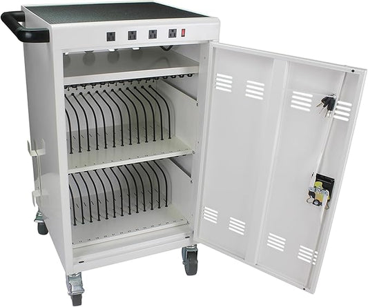 36 Device Charging Cart, Laptop and Tablet Storage Cart, Holds Up to 16.3" with Cord Management, Front and Rear Door Locks, Classroom or Office Charging Cabinet.White with 4 Position Power Strip