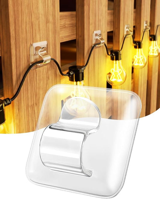 Hooks for Outdoor String Lights Clips: 50 Pack Square Clear Large Heavy Duty Light Hook Waterproof Adhesive Strips - Outside Hanging Rope Light Cable Cord Holders Organizer