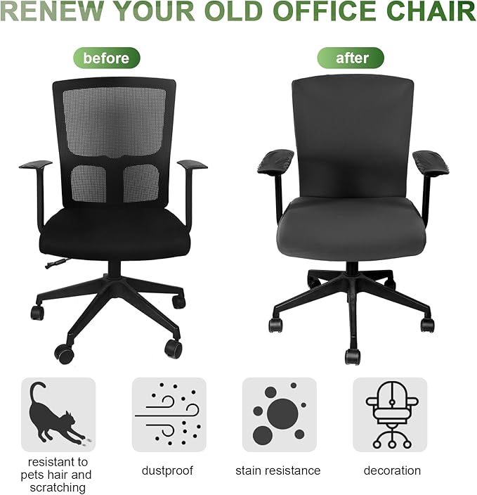 Tallew 4 Pcs Office Chair Covers Set Computer Universal Protective Stretchable Chair Seat Covers Desk Armrest Cover Pads Office Cushion Backrest for Rotating(Regular,Dark Grey)
