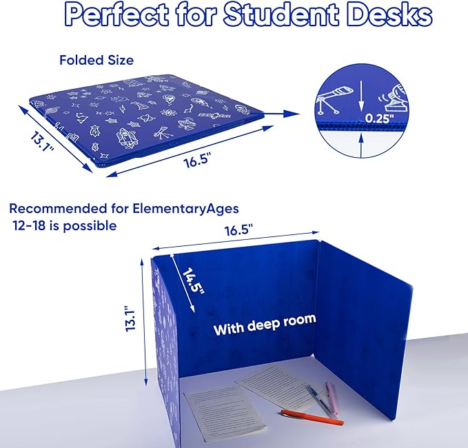 2-Pack Desk Dividers for Students, 3-Fold Privacy Screens, Durable Waterproof Plastic Study Boards, Easy Clean Classroom Shields for Schools,Teacher Supplies & Student Desk Organizers, Blue