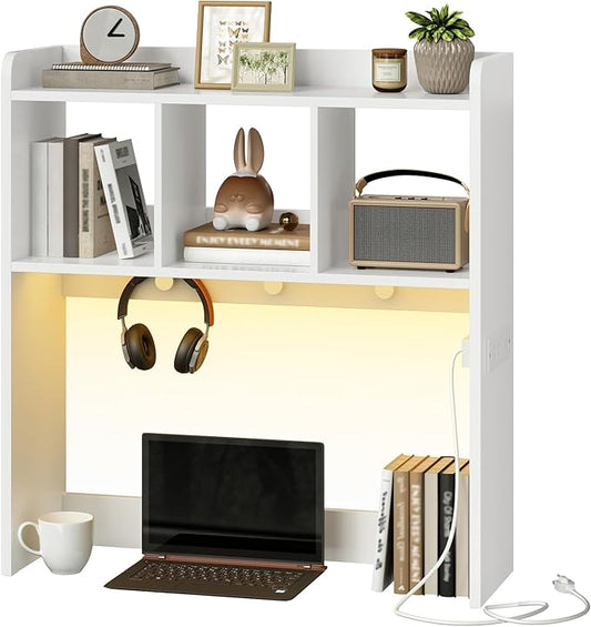 HOOBRO Desktop Bookshelf, Office Desktop Shelf, Desk Hutch with Outlets, Wooden Office Desktop Bookcase, Desktop Organizer Shelf with LED Light Strip and 3 Hooks, for Home, Study, White WT12UDSJ01