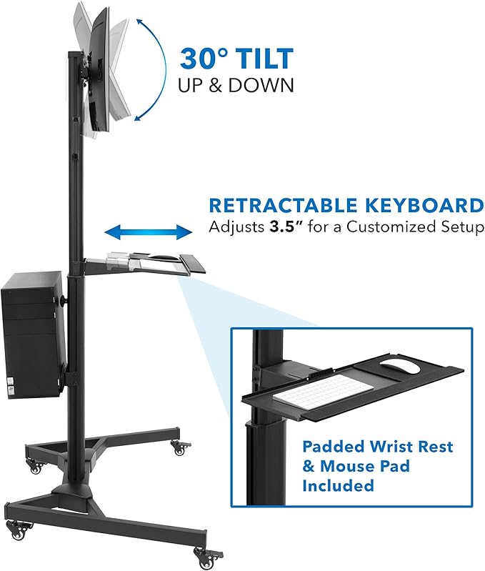 Mount-It! Dual Monitor Computer Cart – Mobile Standing Desk with Wheels, Rolling Workstation with Keyboard Tray, CPU Holder, and Adjustable Screen Mount for Office, Medical, or Warehouse