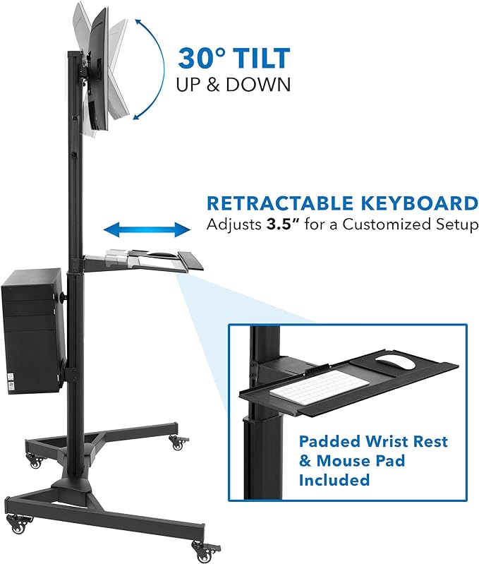 Mount-It! Computer Cart Mobile Desk Workstation with Monitor Mount for Screen up to 32", Rolling Computer Desk PC Cart, Keyboard & Mouse Tray, Rolling Stand with Adjustable CPU Holder, 63.5" Tall