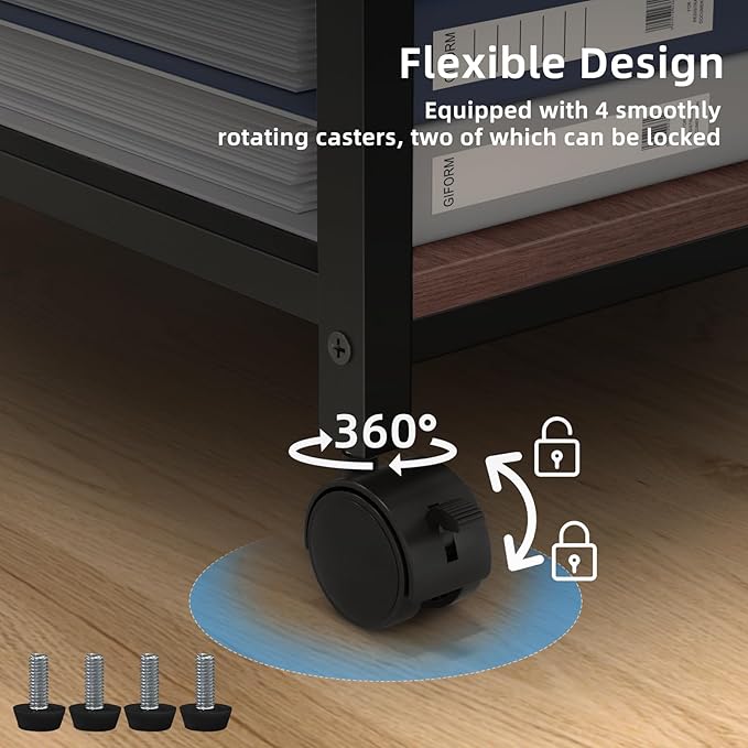 Lerliuo 24" Wide Large Printer Stand with Storage, Printer Table for Home Office with Charging Station, Rolling Industrial Mobile Printer Cart with Lockable Wheels, Computer Tower Stand, Walnut