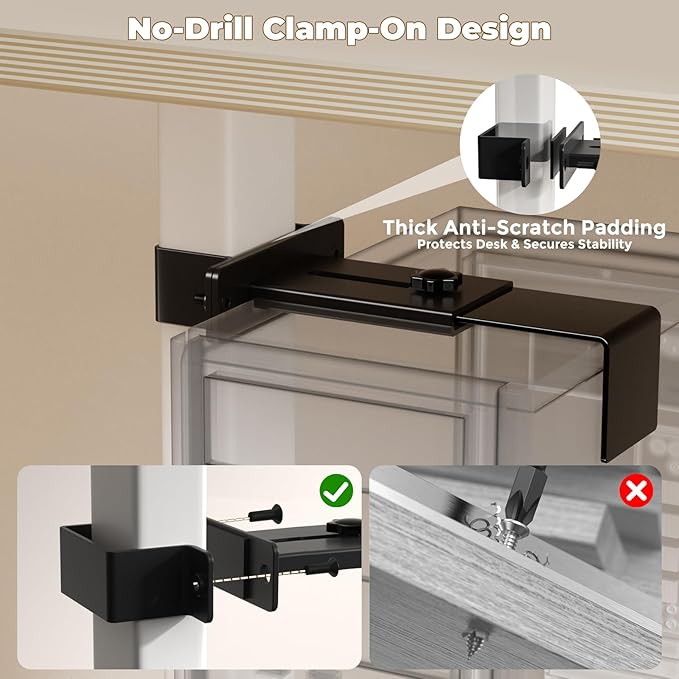 Under Desk PC Mount & CPU Holder, No-Drill Clamp-On Stand for Standing Desk (Fits 75x45mm Square Legs), Adjustable Steel Computer Tower Holder, Heavy-Duty 40lbs/18kg, Black