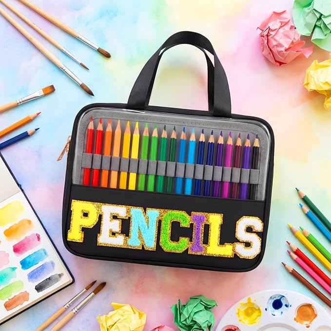 Hillban 108 Slots Large Colored Pencil Case with Chenille Letter Patch Extra Large Capacity Interlayer Pencil Holder Organizer with Handle Zipper Portable Storage Bag Graduation Gift for Artist(Black)