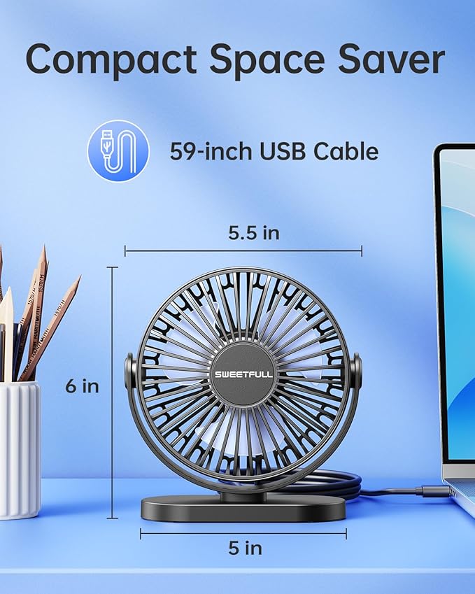 SWEETFULL USB Desk Fan Small Quiet - 3 Speeds Mini Personal Portable Fan 360° Rotation Adjustable, 5.5 Inch Office Table Cooling Gadgets on Desktop (Black)