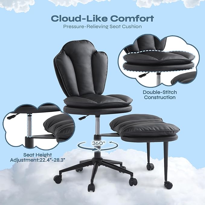 Pinmoco Ergonomic Cross Legged Office Chair for ADHD, Kneeling Chair with 360° Swivel Wheels and Reversible Seating for Meditation, Adjustable Height and Seat Deapth, PU Leather, Black