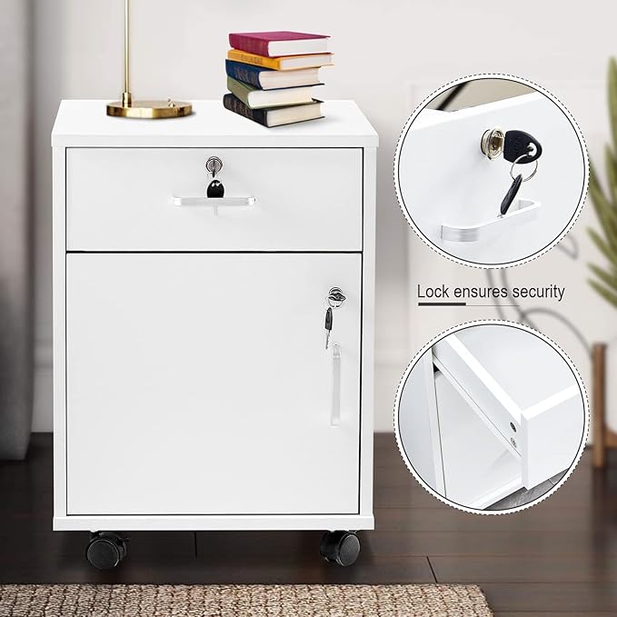 OFCASA 2 Drawer File Cabinet with Lock, Small Rolling Filing Cabinets for Home Office, Wood Under Desk File Cabinet with Wheels, Mobile Storage Organizer, Printer Stand for Letter/Legal, White