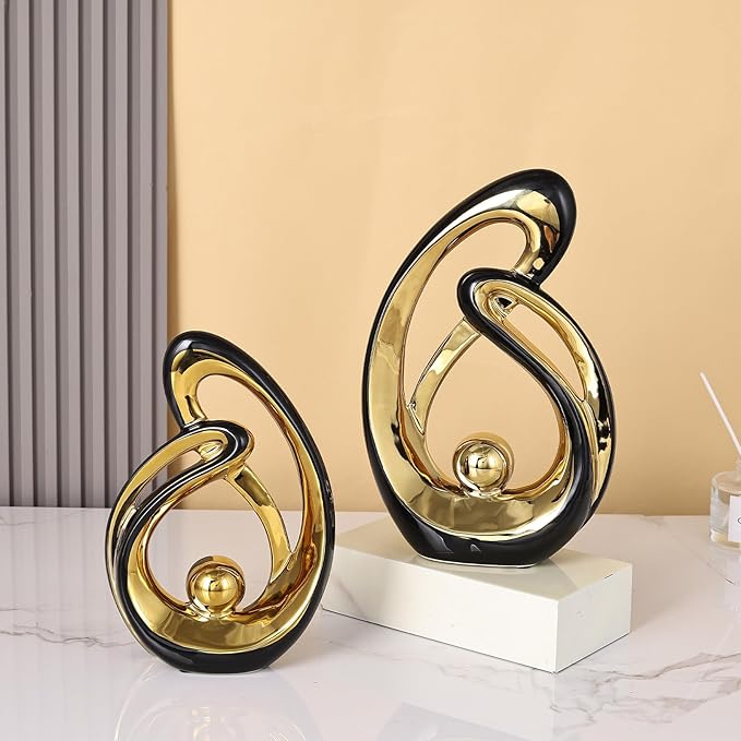 DOVDOV Abstract Ceramic Statue 2 Piece Home Decor Accessory Set, Mid-Century Modern Art Decor and Accessories, Black and Gold Living Room Coffee Table Dining Table Center Foyer Entry Table Decor.