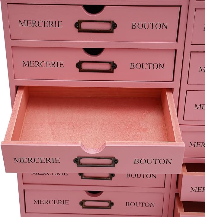 Vintage Drawer Wooden Drawers Organizer, 16-Drawer Desktop Storage Box Pine Wood Desktop Organizer with Label Holders, Desk Drawer Unit Collectors Box for Office, Home (Pink)