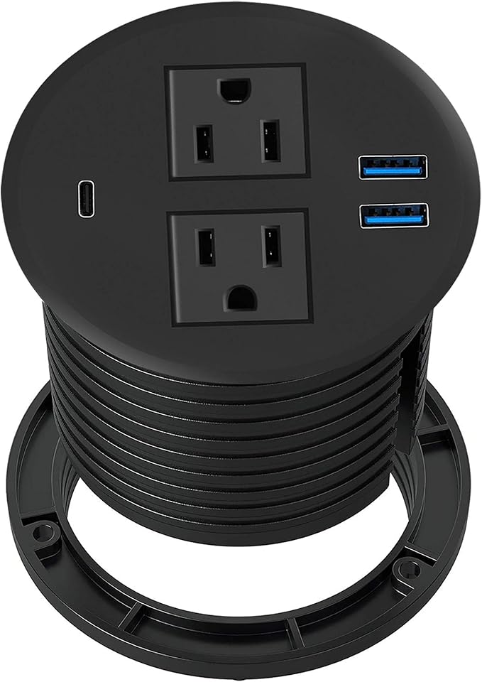 Kungfuking Desktop Power Grommet with PD 20W USB C,Recessed Power Outlets with 2 AC Plugs and 3 USB Charging Ports,Hidden Power Strip for Office Kitchen Cabinet Conference Room