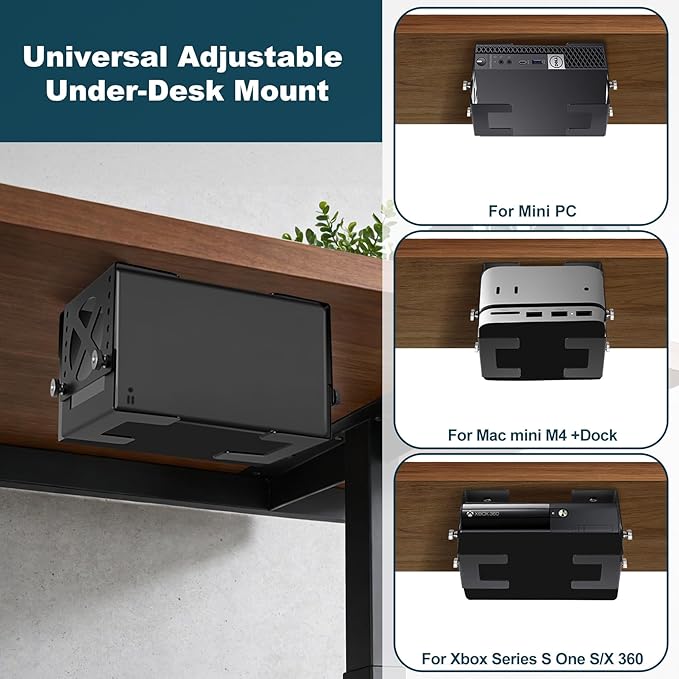 Adjustable Under Desk Mini PC Mount, 6-Level Height (1.7" to 3.3"), Width Adjustable Metal CPU Holder for Mac mini M4, Small PCs, Universal Adjustable Mount, Space Saving