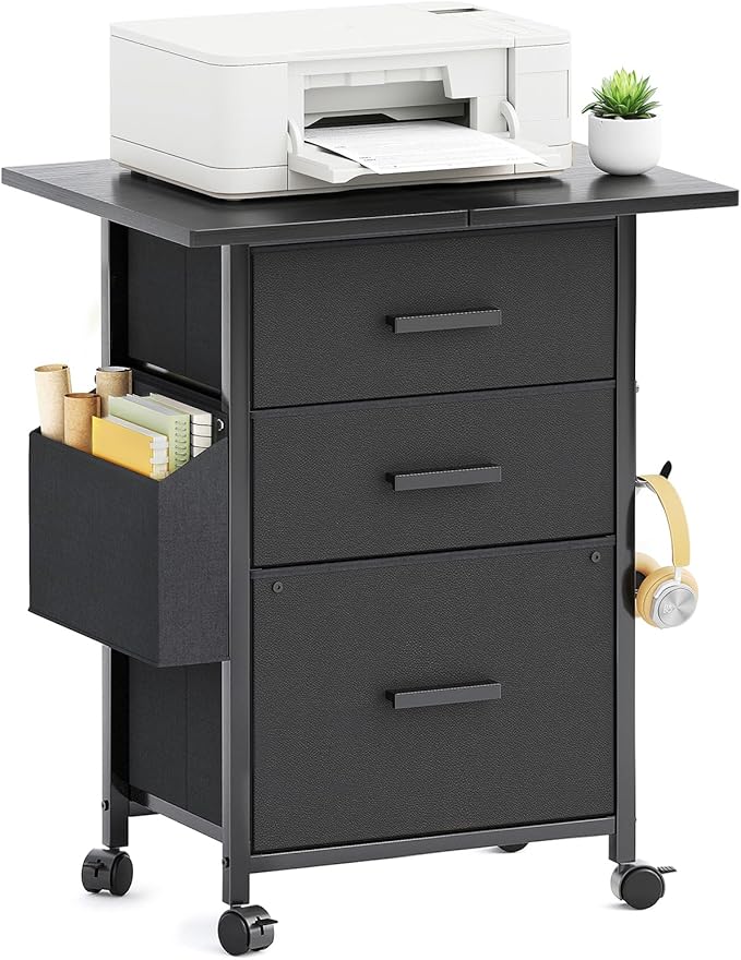 Mexin 3 Drawer File Cabinet with 24'' Extended Desktop, Mobile Filing Cabinet, Printer Stand, Rolling Printer Stand with Side Bag, Fabric Drawer, Fits A4 Size, Home Office, Black