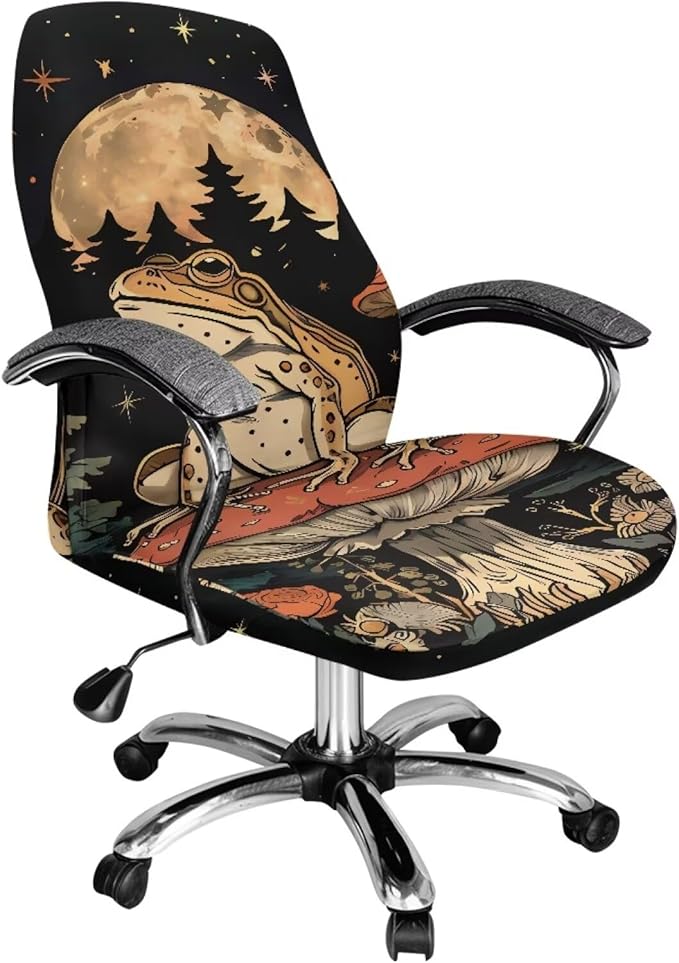 Talayituse Frog Mushroom Moon Star Print Office Chair Cover, Universal Removable Desk Chair Cover Washable Anti-Dust Stretch Computer Chair Slipcovers, S
