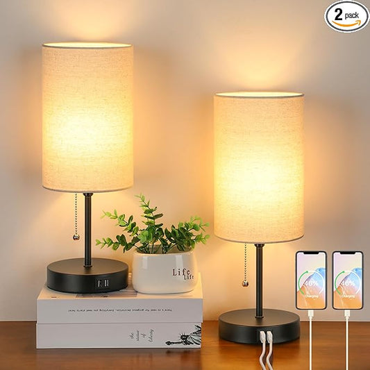 2 Sets Table Lamps with 2 USB, Minimalist Beside lamps for Bedroom, Nightstand Lamps with Pull Chain, Desk Lamps with Cream Fabric Shade and Black Metal Base for Living Room, Home Office Reading Hotel