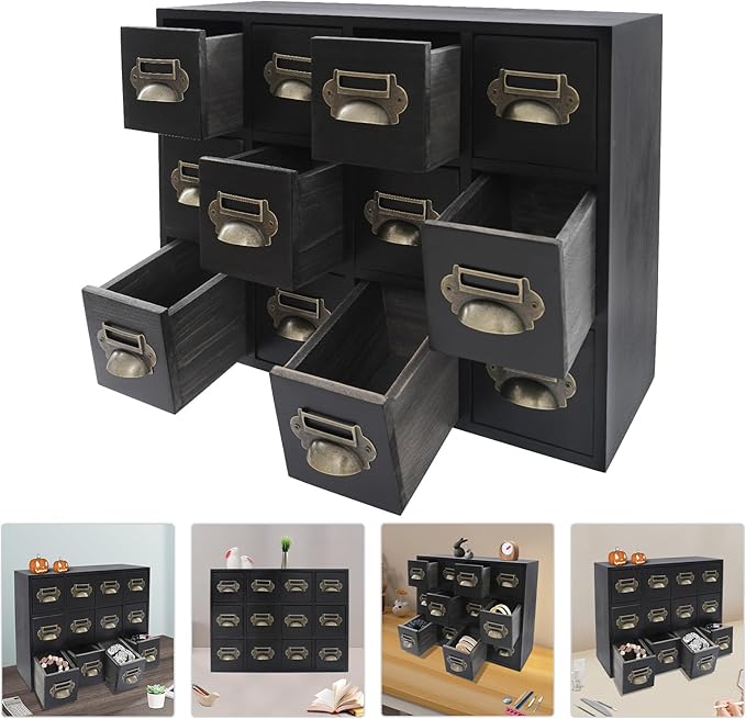 12 Drawer Drawers Storage Cabinet, Wooden Medicine Cabinet Desktop Drawer Organizer Herb Storage Box with Solid Wood Build & No Assembly for organize spices medicines jewelry cosmetics(Black)