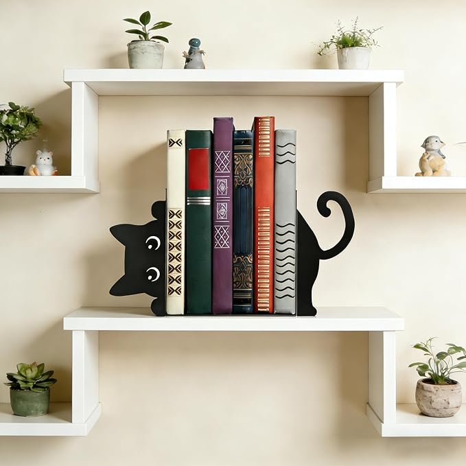 Peekaboo Cat Bookends for Shelves, Cute Black Metal Decorative Book Ends, Heavy Duty Rustproof Book Stoppers for Home Office & Study Desk, Ideal Gift for Cat Lovers & Book Lovers