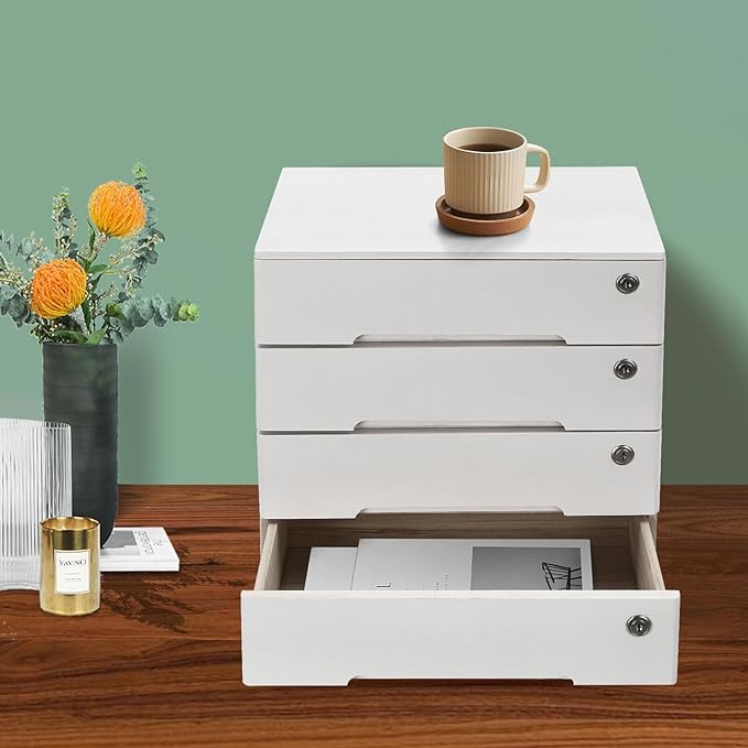 Wooden Desk Organizer with Drawers & Lock, Desktop Countertop Storage Cabinet Lockable Home Office Supplies File Tabletop Organizing Unit (4 Drawer - Modern White)
