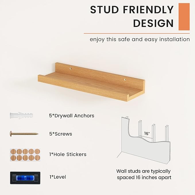 FLYJOE Picture Ledge Shelf, Floating Shelves Set of 2, 16 Inches Nursery Book Shelves for Toys Storage, Kids Bookshelf Wall Mounted for Living Room Bedroom Decor Books Photo Frames, Natural Oak