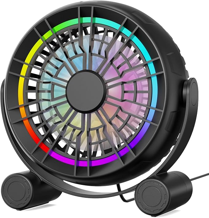 USB RGB Desk Fan - 3 Speeds Quiet Portable Table Fan, 8 Color LED Lights, 360° Rotation, Small Fan for Home Office Desktop Bedroom