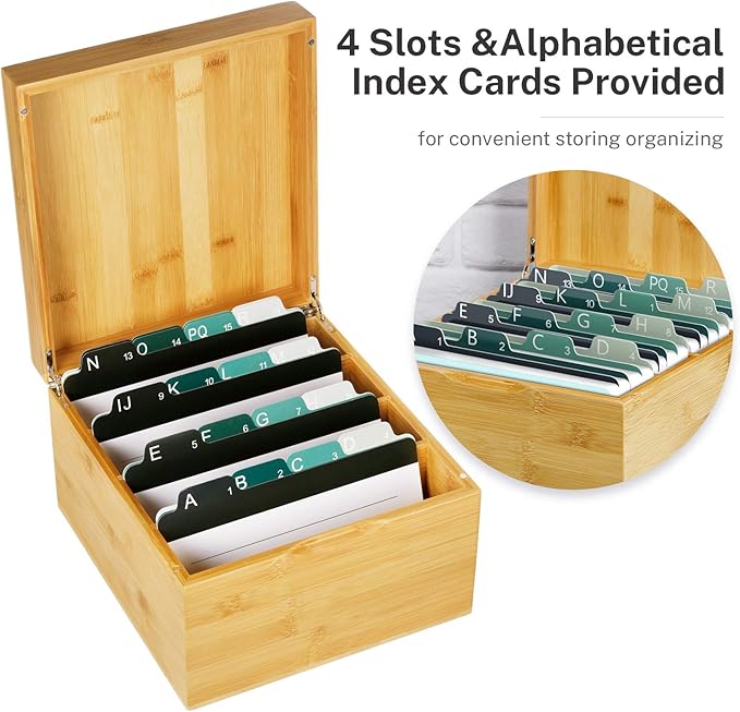 MaxGear Index Card Holder, 5 x 8 Inch Wooden Business Card Organizer for Desk with 3 Dividers, Bamboo Index Cards Box with A-Z Tabs Holds 600 Cards for Recipe Flash Storage