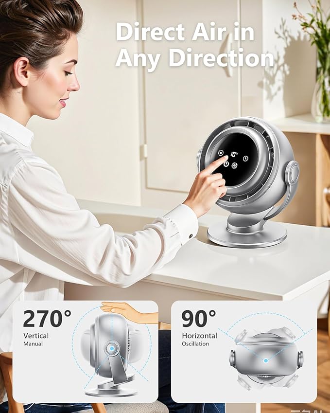 Desk Fan for Office, 90°Oscillating Fan with 6000mAh Rechargeable, 10 Speeds 4H Timer 270°Tilt Adjustment, 28dB Ultra-Quiet Portable Personal Table Fans, Gifts for Christmas Women Men Home
