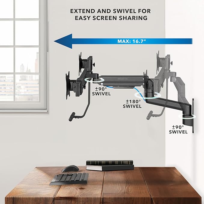 Mount-It! Proflex Dual Monitor Wall Mount, Gas Spring Arm with Crossbar, Fits 17–32″ Screens up to 19.8 lb Each, Height Adjustable Full Motion Tilt Swivel Rotate, VESA 75, 100 mm, Premium Setup