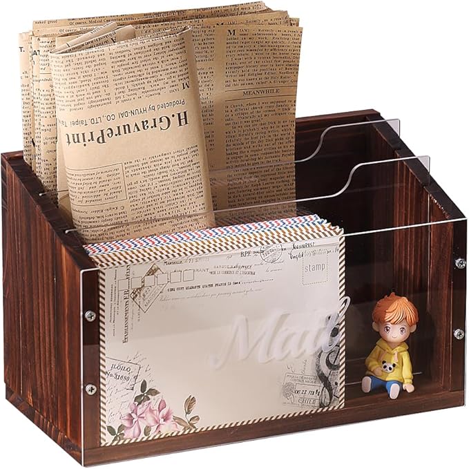 Mail Organizer with Clear Acrylic Dividers - 3 Slots Letter Holder for Desk, Solid Wood Mail Sorter Wall Mounted, Mailbox Hoder Counter for Home Office Family