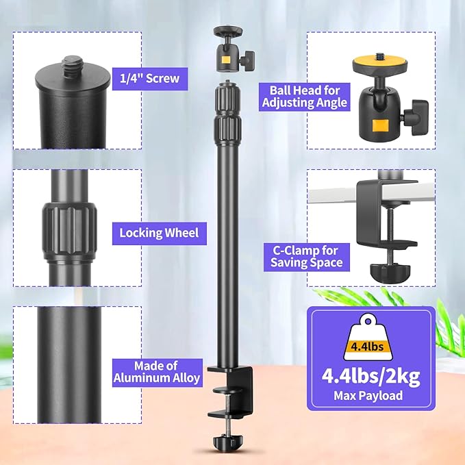 Camera Desk Mount Webcam Stand with 360° Ball Head, Adjustable Table Light Stand 14"-33", Tabletop C Clamp for DSLR Camera, Ring Light, Live Streaming, Photo Video Studios