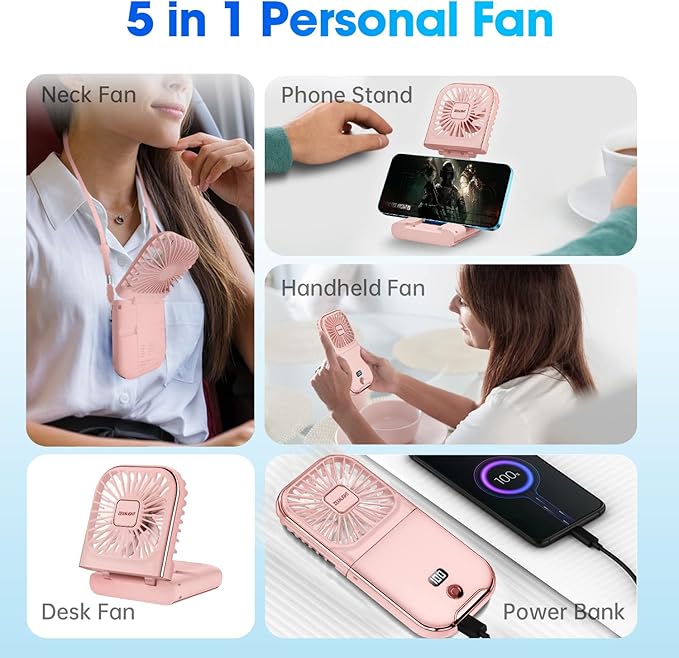 USB Rechargeable Upgraded 5-in-1 Portable Handheld Fan, Necklace Fan, Desk Fan, Foldable Phone Stand, 4 Speeds Airflow, Quiet Personal Fans with LED Digital Screen (Pink)