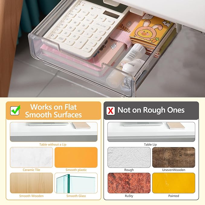 Under Desk Storage Drawer Self-Adhesive Easy Hidden Desktop Organizer, Attachable Clear Acrylic Storage Tray Under Table Drawer for Home Office School Counters Workstation, 1 Pack