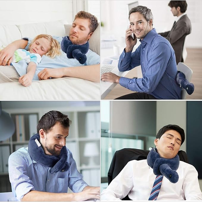 Travel Neck Pillow with Vibration Massage, Battery Operated Adjustable Airplane Neck Pillow for Comfort & Relaxation, Gift for Parents (Blue)