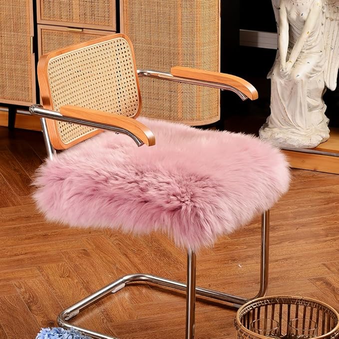 LLB Sheepskin Chair Covers Office Chair Cushion Dining Room Chair Pads Desk Chair Seat Cushion for Computer Fur Area Rugs for Living Room 18x18 Inch (Pack of 1), Light Pink