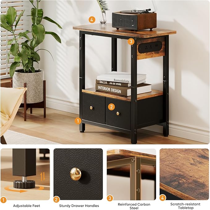 HLDIRECT Nightstand with Charging Station, Bedside Table with 2 Fabric Drawers and Large Storage Shelf for Small Space, End Table with Outlet and USB Ports for Living Room, Bedroom (Rustic Brown)